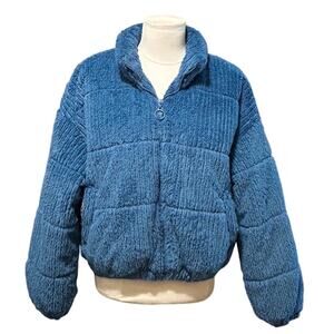Wild Fable Blue Teddy Sherpa Puffer Jacket Women's Faux Fur Zip Coat